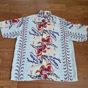 Vintage Tommy Bahama Hawaiian Shirt Men's Large Floral Hibiscus Turquoise Rayon